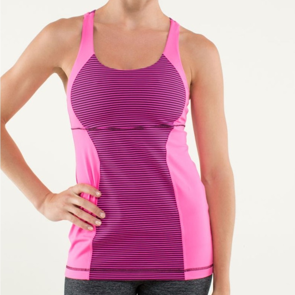 Lululemon Energy tank- size 6.  Hyper stripe raspberry Glo/plum.  EUC
